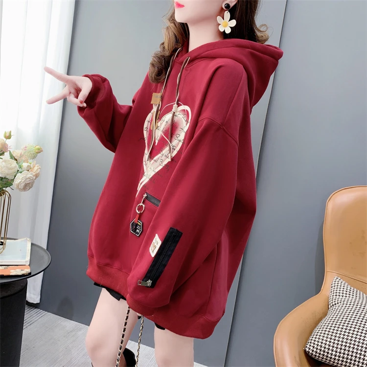 美式复古红色卫衣女中长款2023新款秋冬宽松设计感加绒加厚外套潮