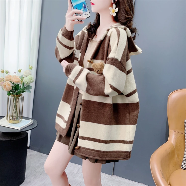 大码女装时尚条纹连帽毛衣开衫女秋季2024年新款宽松休闲针织外套