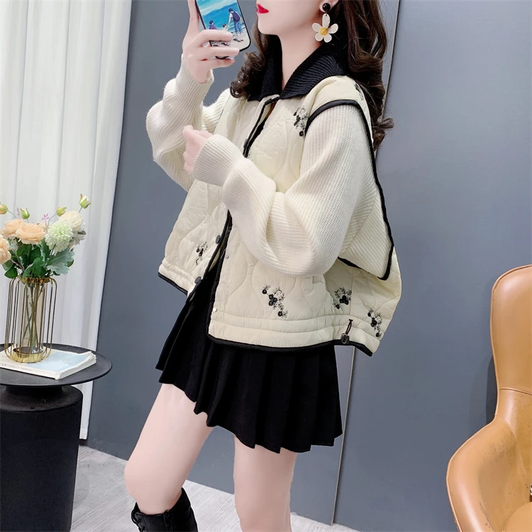 小个子刺绣翻领棉衣外套女秋冬2024年新款毛衣拼接保暖夹棉上衣服