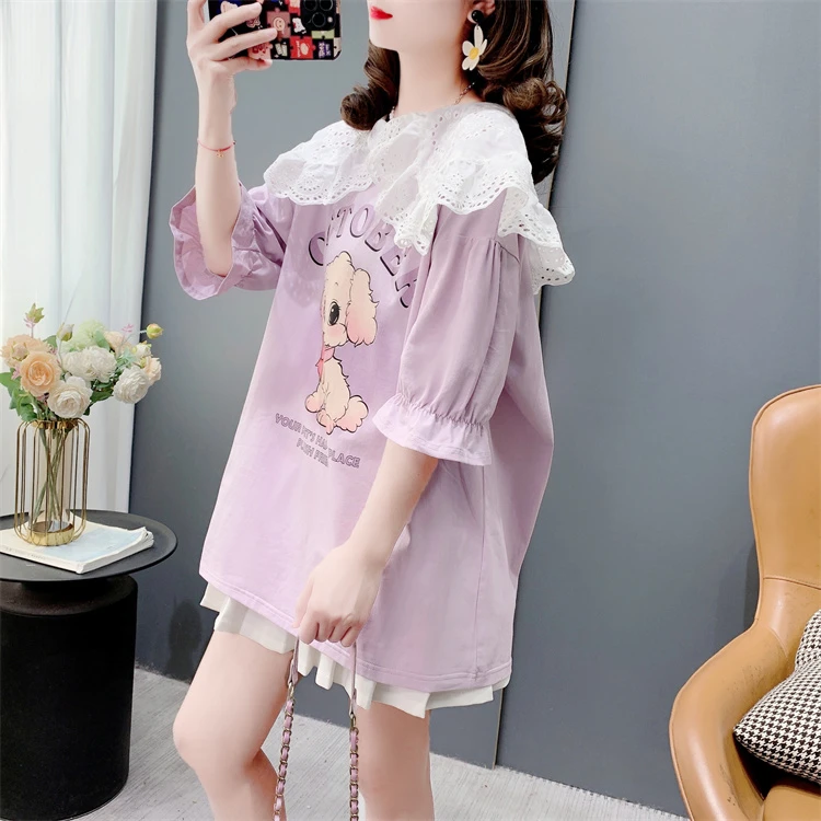 学院风卡通娃娃领短袖t恤女夏季2024年新款宽松洋气减龄甜美上衣