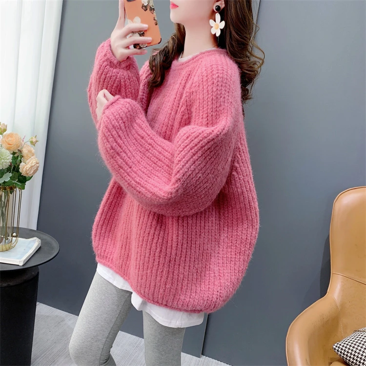 高级感卷边粗毛线圆领毛衣女2023秋冬新款宽松慵懒风显瘦加厚上衣