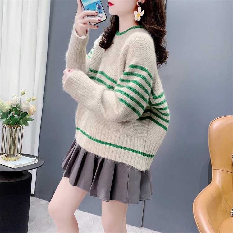 韩系高级感条纹圆领套头毛衣女秋冬2024新款软糯小个子针织衫上衣