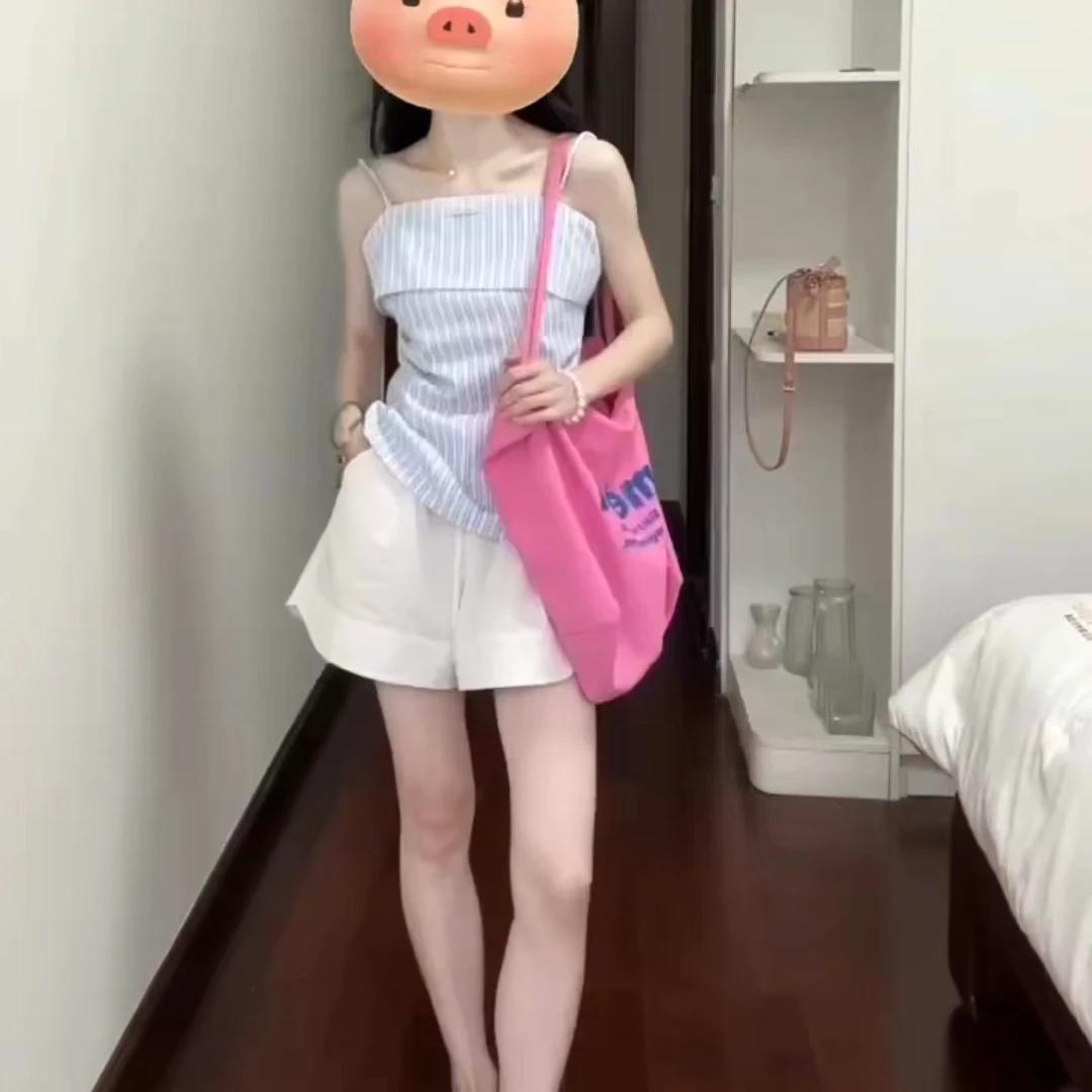 复古简约蓝色条纹吊带背心女夏季度假风修身百搭白色高腰短裤套装