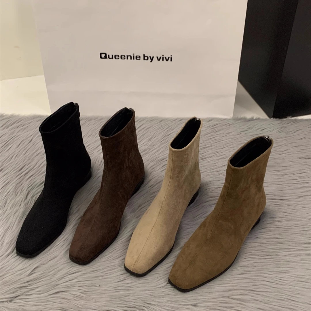 （万达撤柜）粗跟绒面韩系小踝靴女鞋2024新款秋季马丁靴瘦瘦短靴子