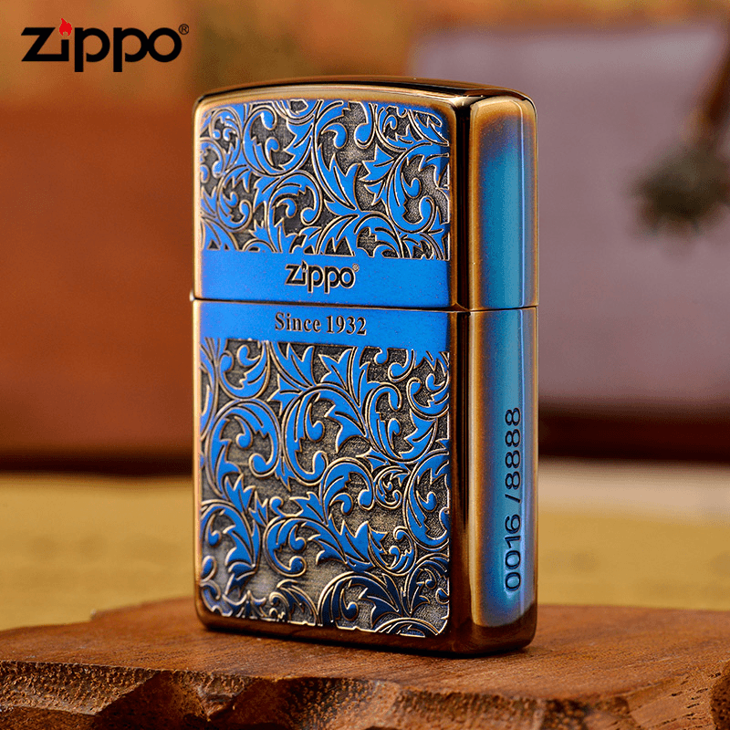 ZIPPO打火机熏金烤蓝/黄铜 带编带码经典双面唐草花防风送礼