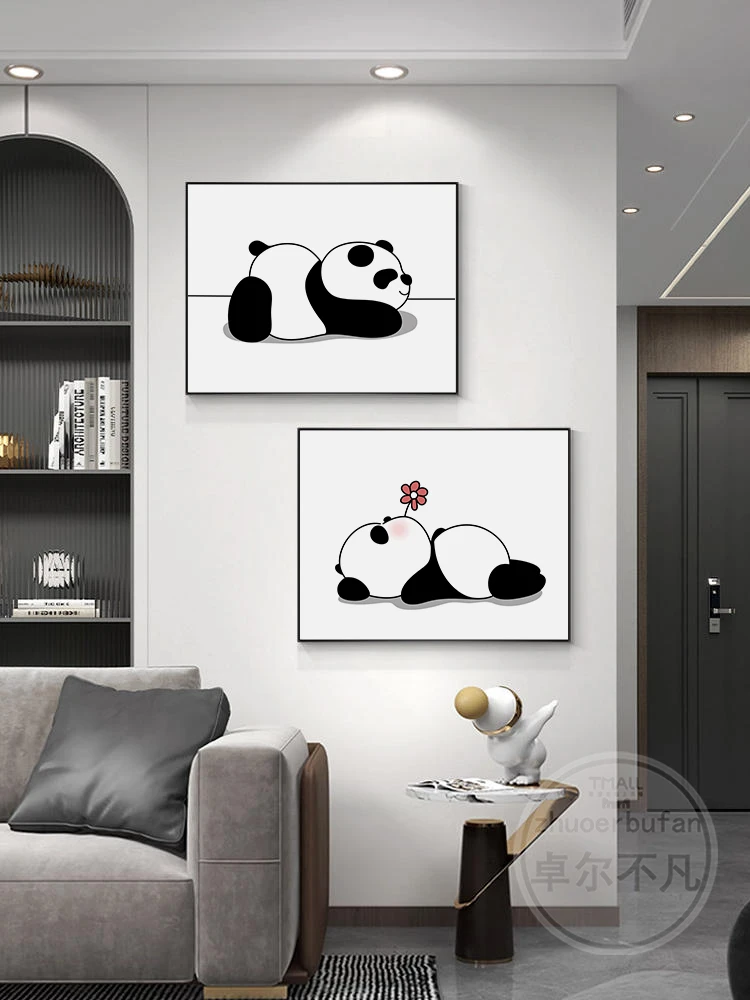 免打孔黑白熊猫电表箱装饰画现代简约餐厅配电箱电表箱遮挡挂画