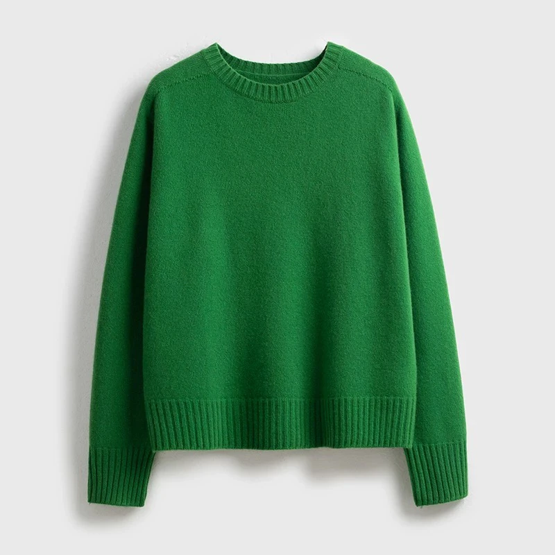 100全羊毛简约纯色圆领毛衣女秋季2025新款百搭宽松长袖针织衫