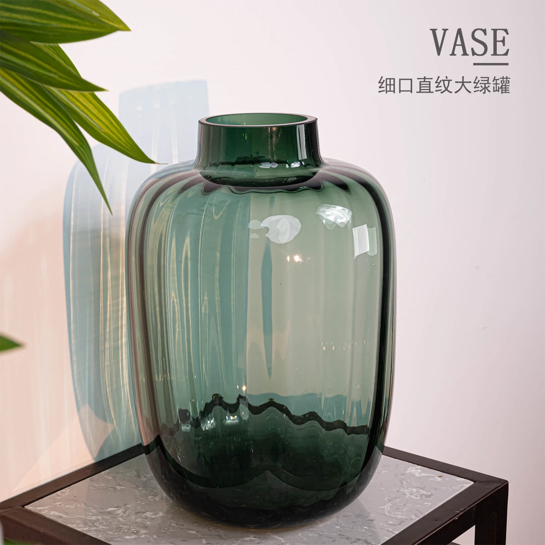 现代轻奢简约绿色直纹圆形玻璃插花装饰容器花瓶