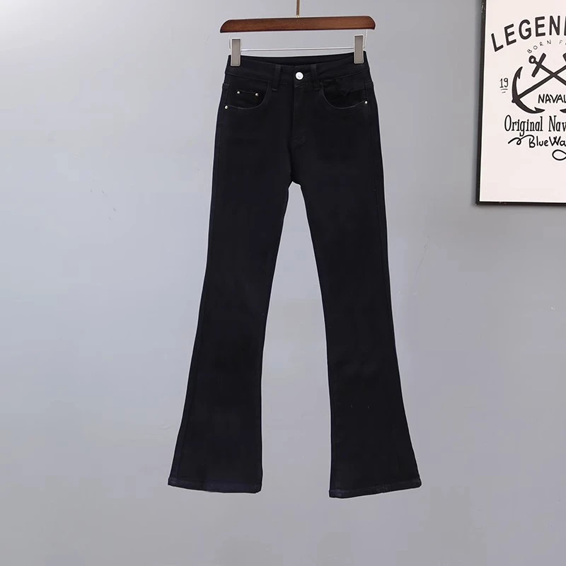 黑色微喇牛仔裤女春秋2023年新款小个子高腰弹力显瘦马蹄喇叭裤子