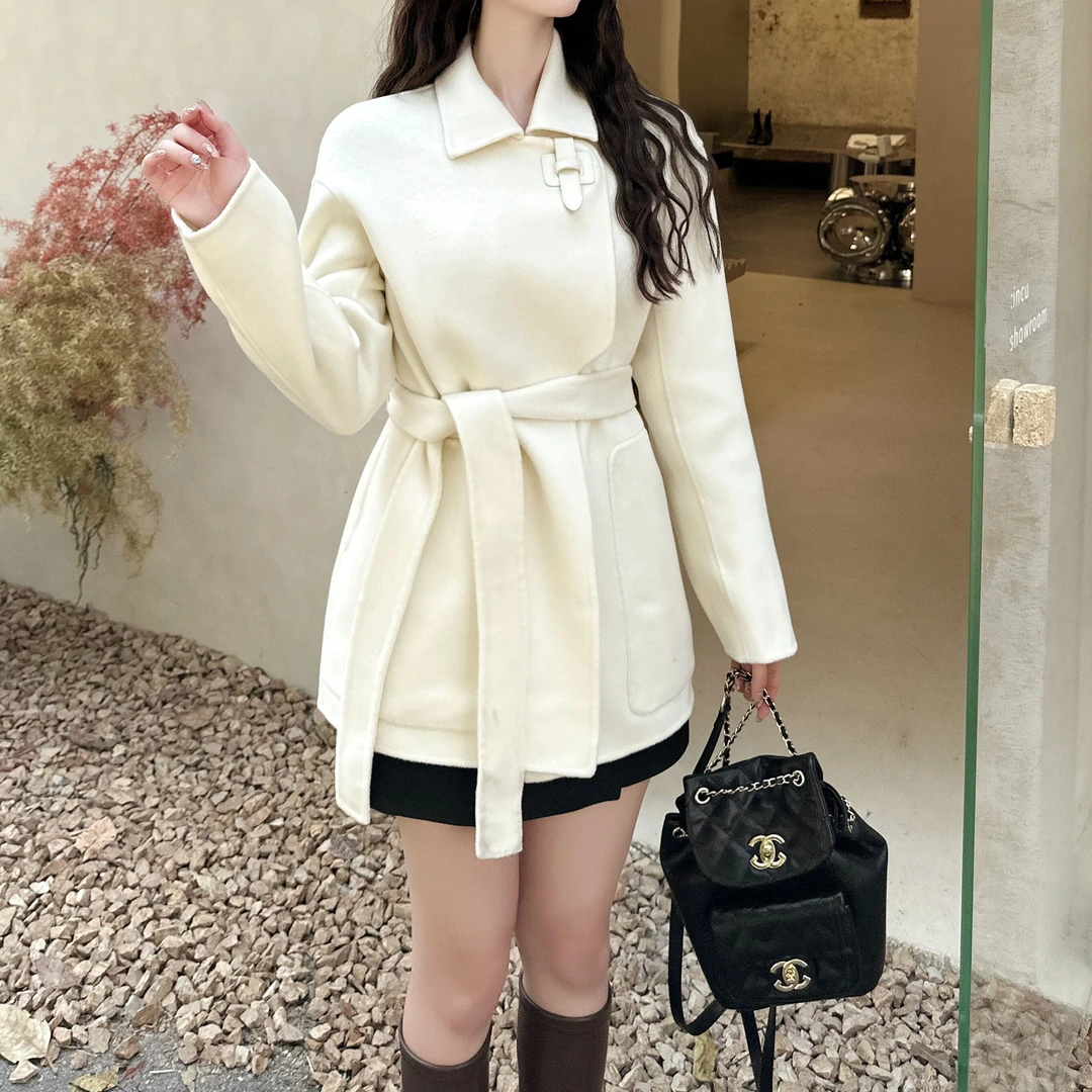 白色气质时尚秋冬双面呢大衣