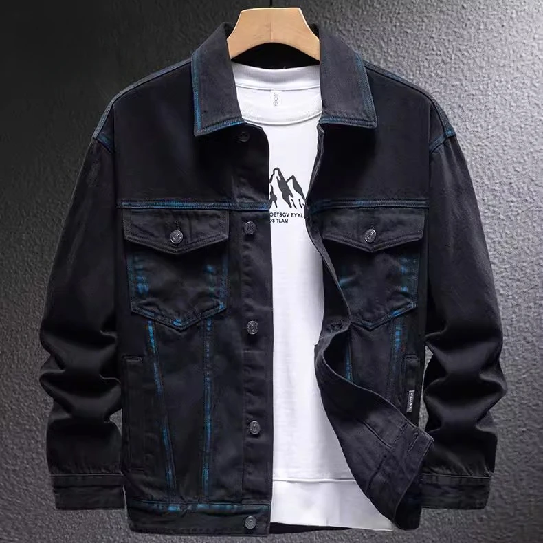 臣吾美式复古高街牛仔外套男宽松潮牌设计感夹克撞色手工擦色夹克