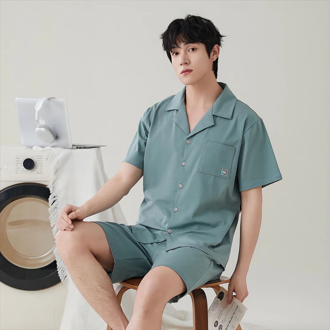 <政一>夏季新款纯棉睡衣男透气纯色宽松舒适柔软棉男士家居服套装