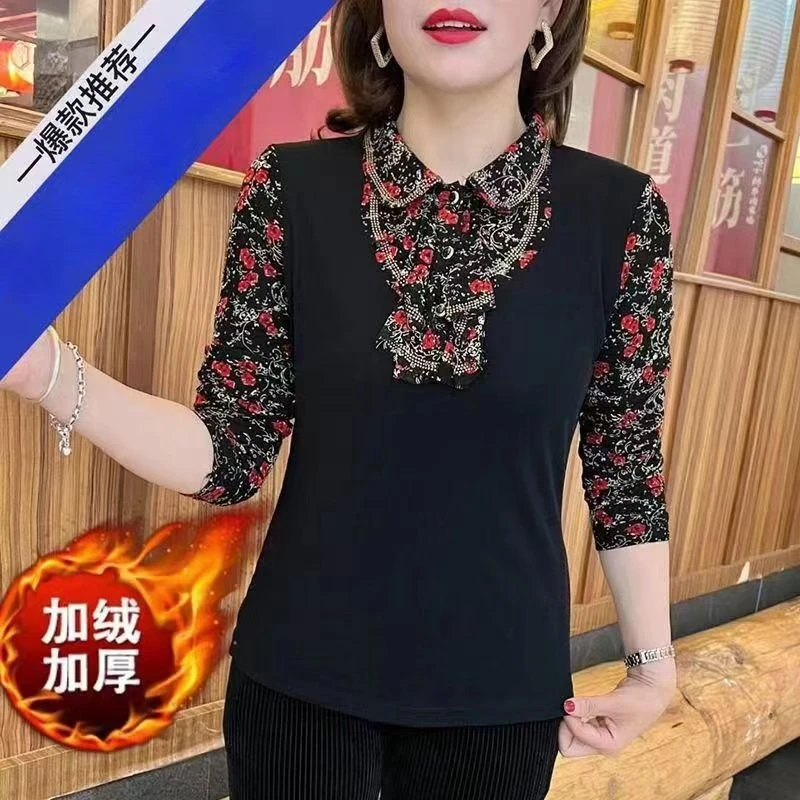 高档气质遮肚显瘦百搭加绒打底衫女秋冬新款时尚妈妈加厚保暖上衣