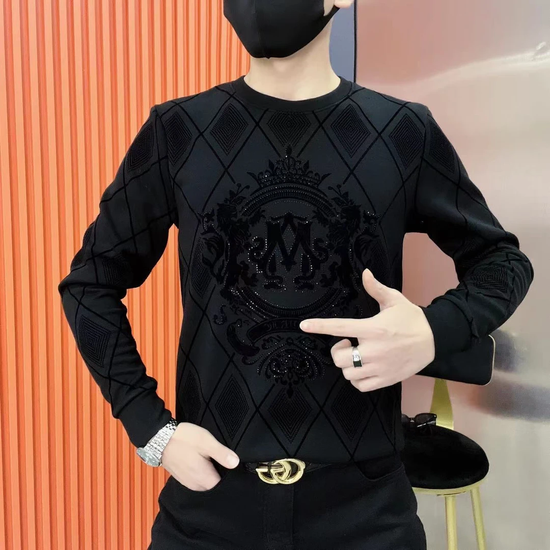 网红秋季男上衣长袖加绒加厚男士休闲商务欧股时尚圆领大气潮流新