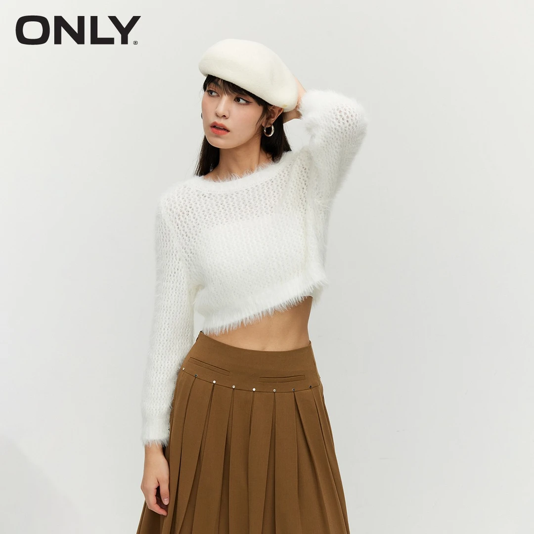 ONLY秋冬新款百搭甜美风镂空亮丝宽松圆领显瘦针织衫女123413073