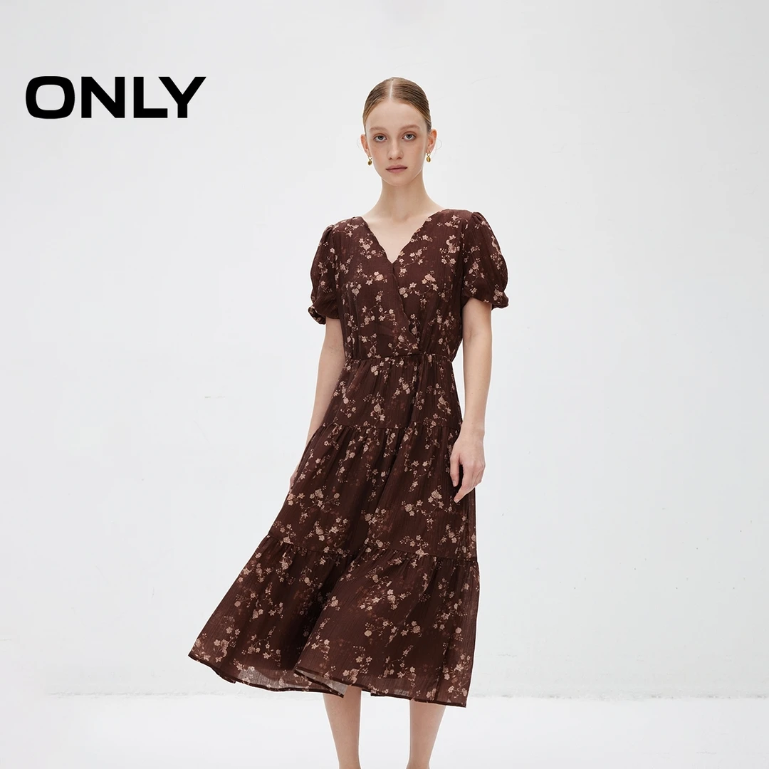 ONLY夏季法式V领泡泡袖碎花中长裙连衣裙女气质优雅|125107015
