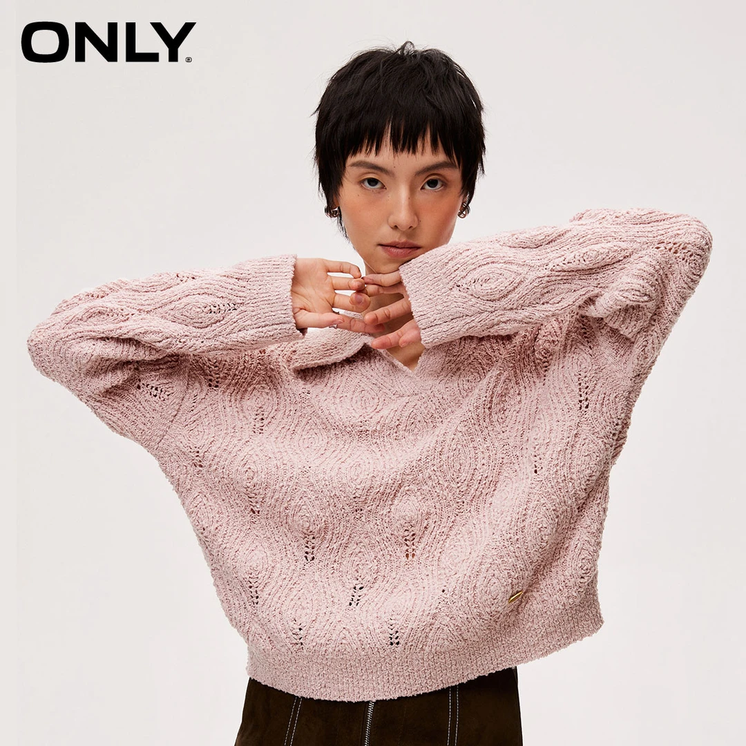ONLY2024春季新款百搭时尚衬衫领落肩宽松套头针织衫女|124113027