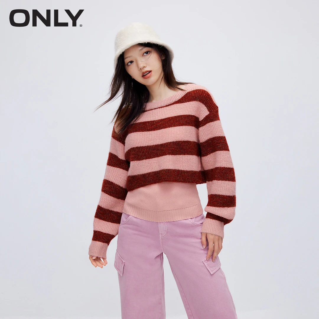 ONLY秋冬新款复古休闲条纹套装圆领长袖针织衫女|123413013