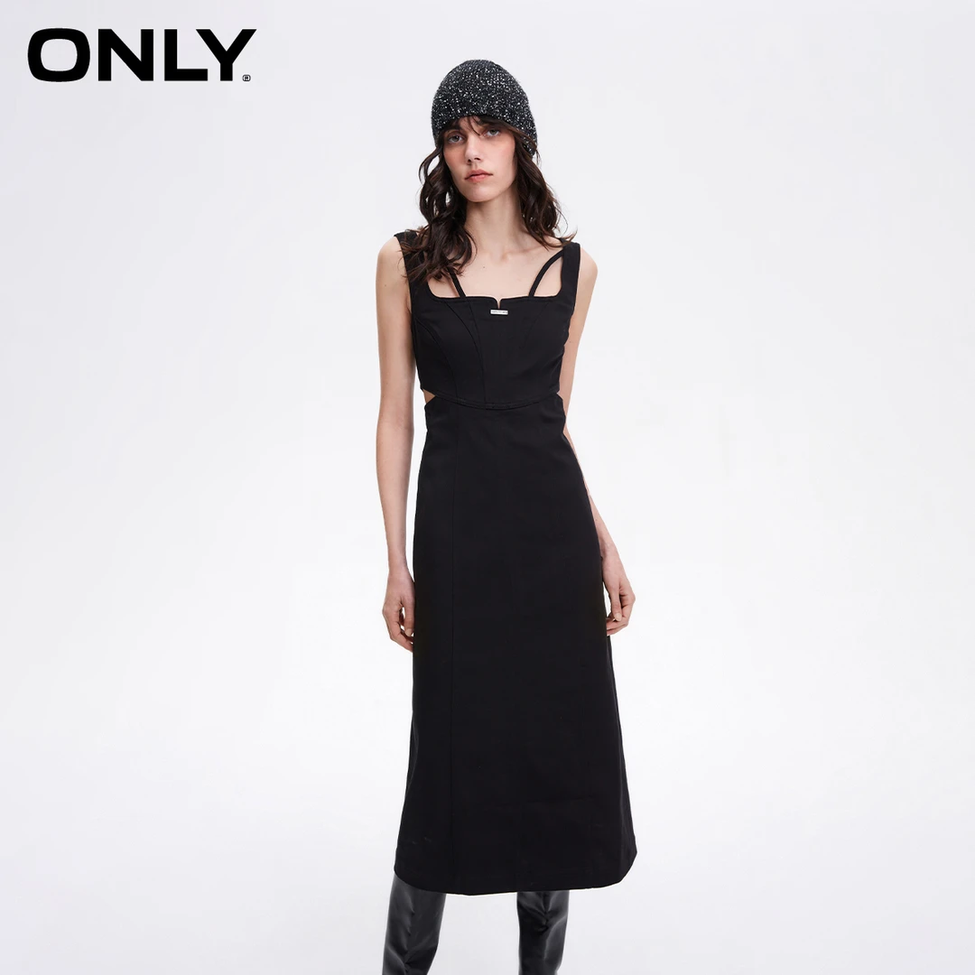 ONLY2024秋季新款百搭开叉A字露腰中长款牛仔连衣裙女|124142010