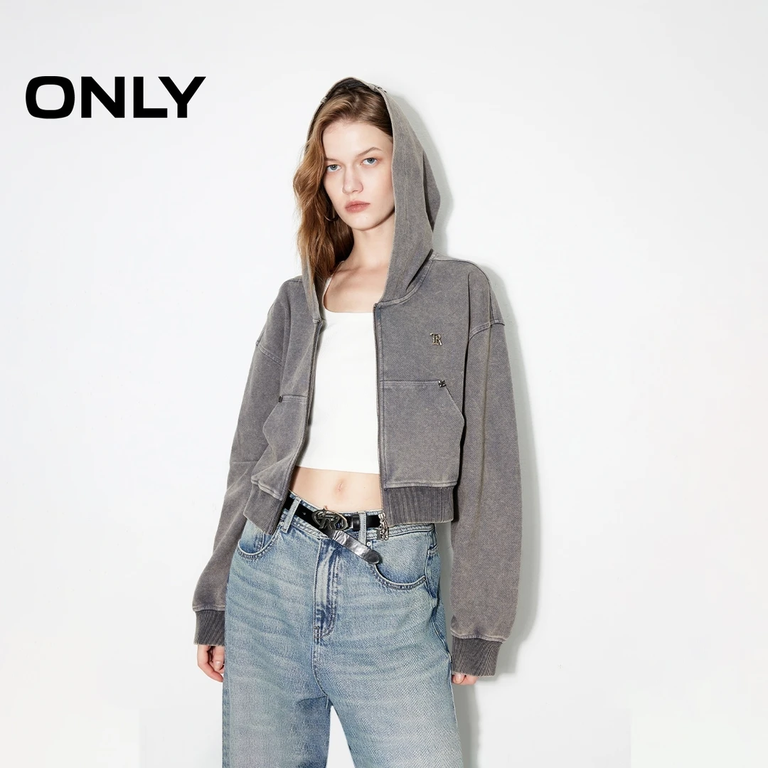 ONLY2024冬季新款休闲高级感宽松短款开衫连帽卫衣女|12449R010