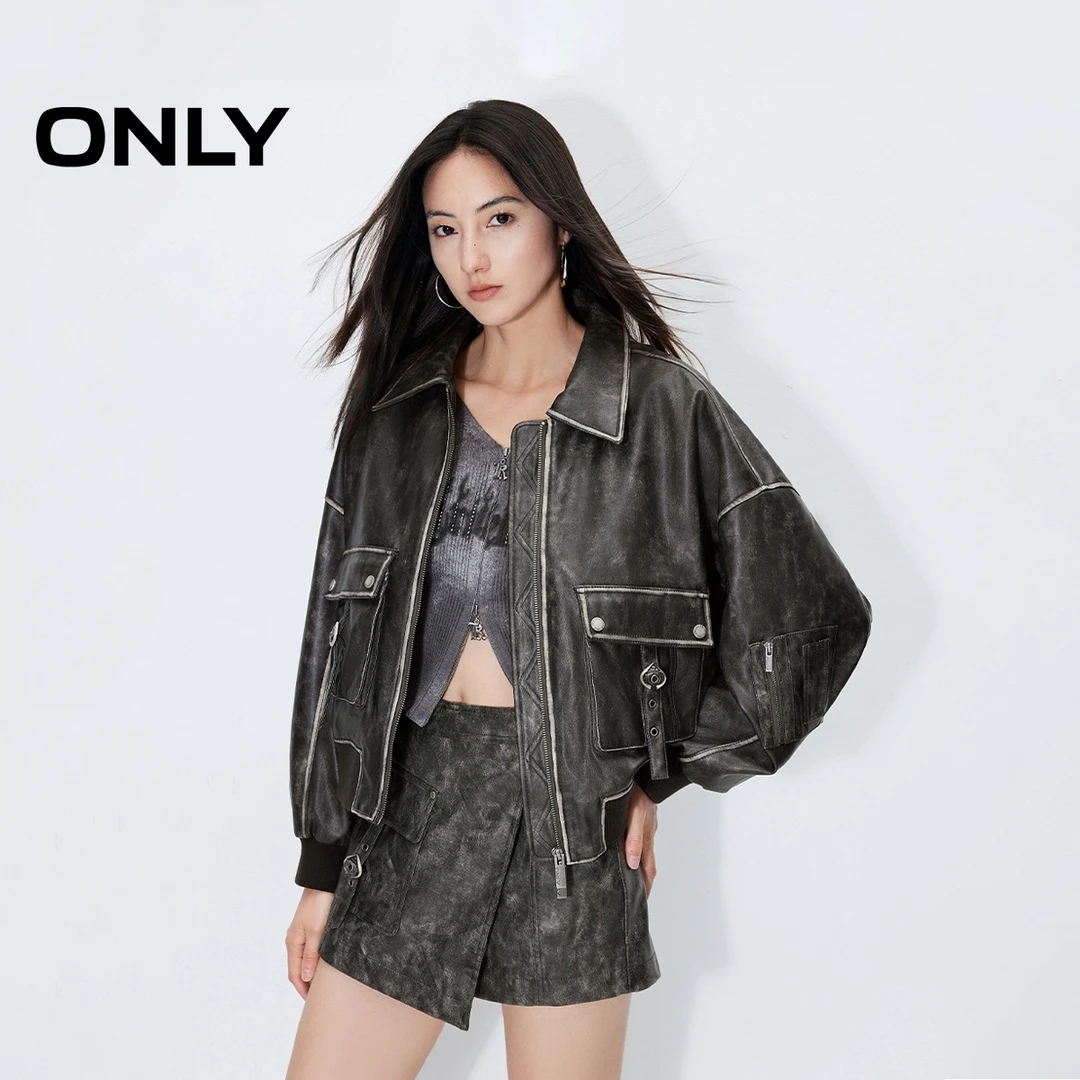 ONLY2025春游出行做旧宽松落肩仿皮夹克翻领PU外套女|1243PU011