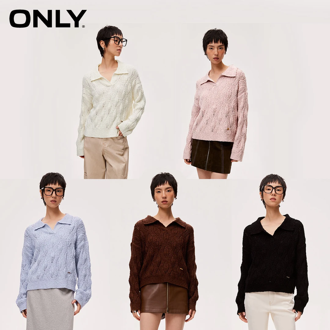 ONLY秋季POLO领落肩宽松套头长袖针织衫女洋气衣服女|124113027