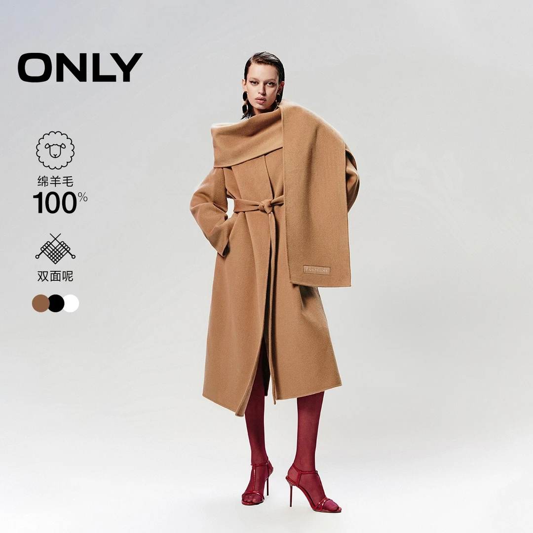 【100%绵羊毛】ONLY冬季长款围巾毛呢大衣女暖系流光风|12446U005