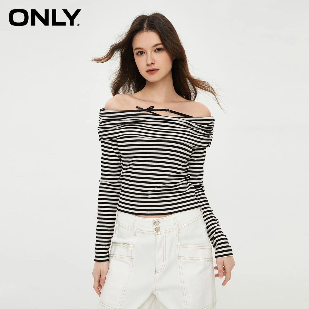 ONLY秋季条纹一字领修身长袖打底T恤纯欲慵懒风女装|124102005