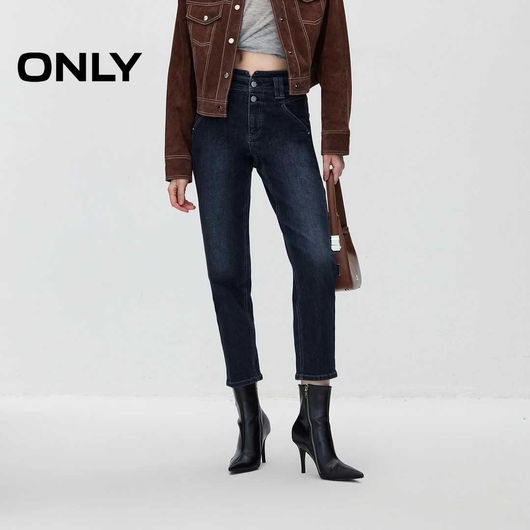ONLY秋季简约高腰直筒九分裤牛仔裤女休闲百搭通勤裤子|124349021
