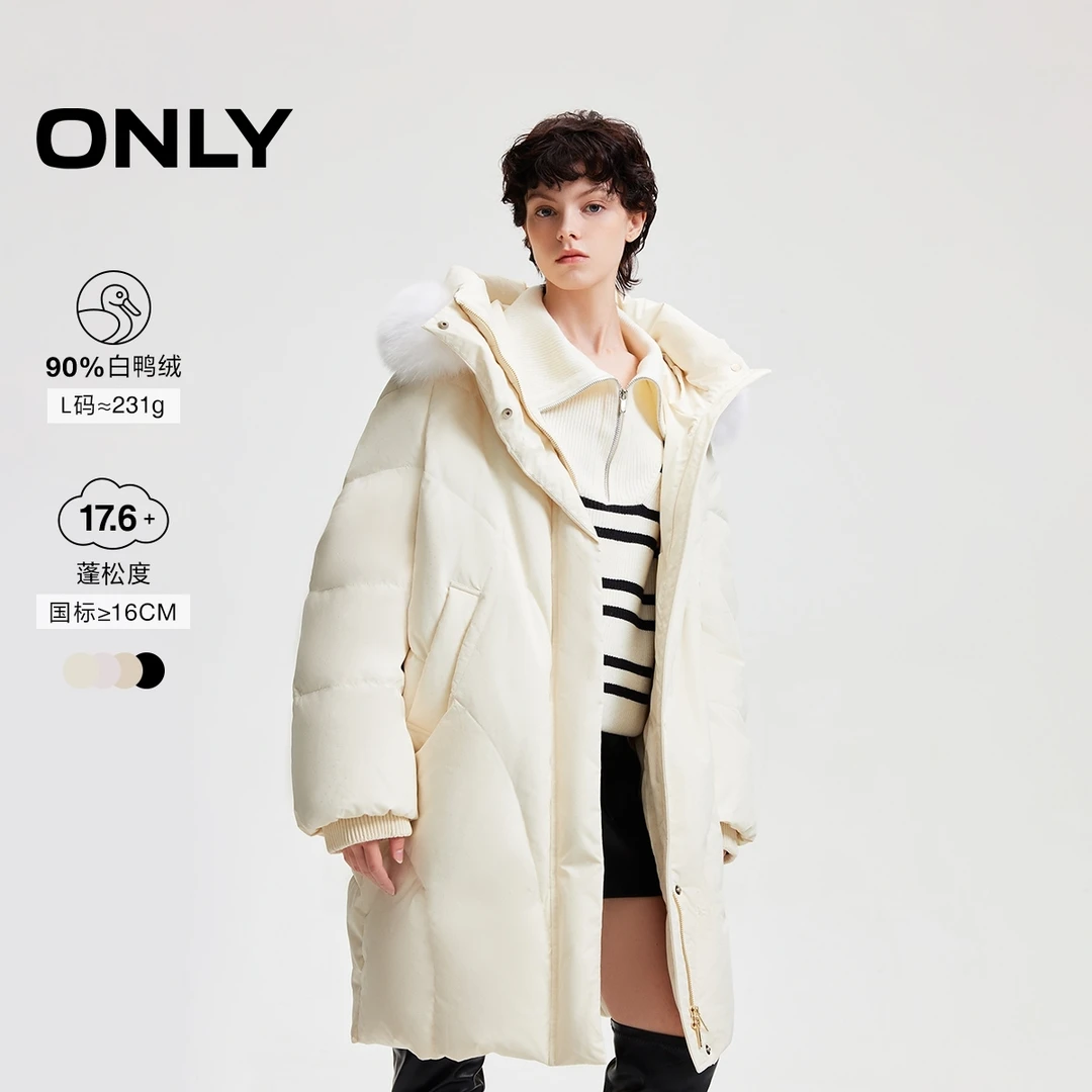 【90白鸭绒】ONLY秋冬可拆卸毛领中长款羽绒服保暖休闲|124412041