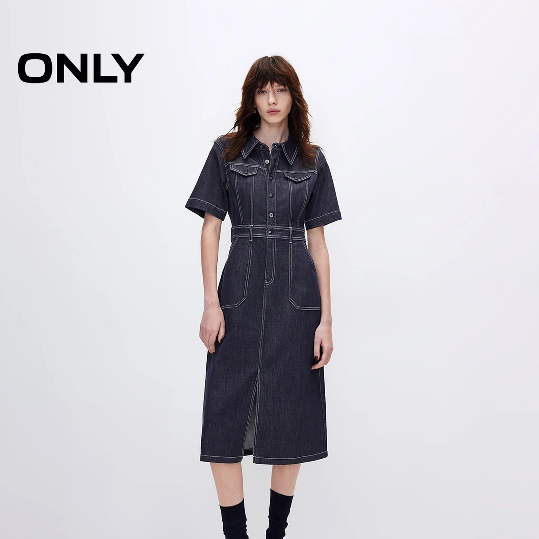 ONLY夏季复古翻领修身短袖牛仔连衣裙女老钱风松弛感|125142001