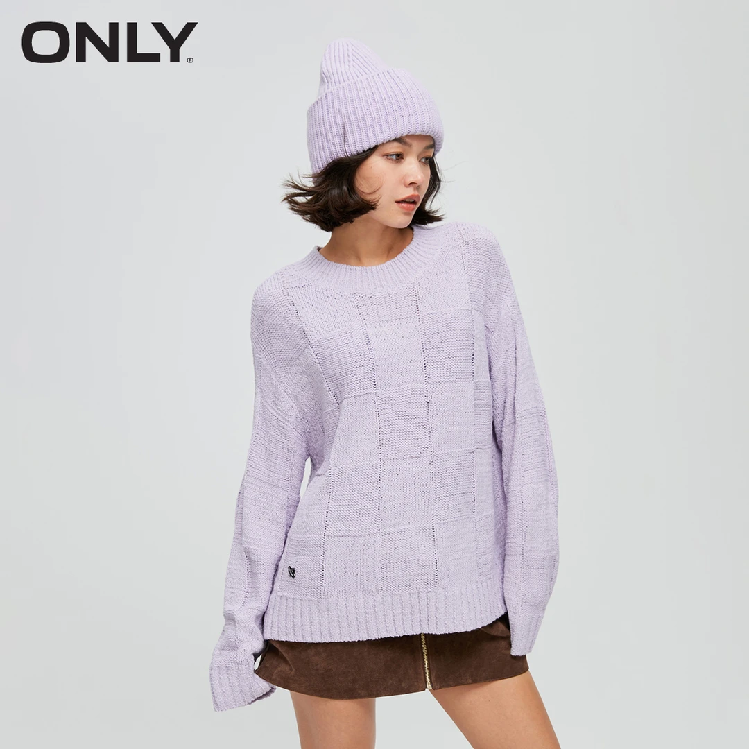 ONLY秋冬新款通勤简约气质格纹宽松圆领长袖针织衫女|123413002