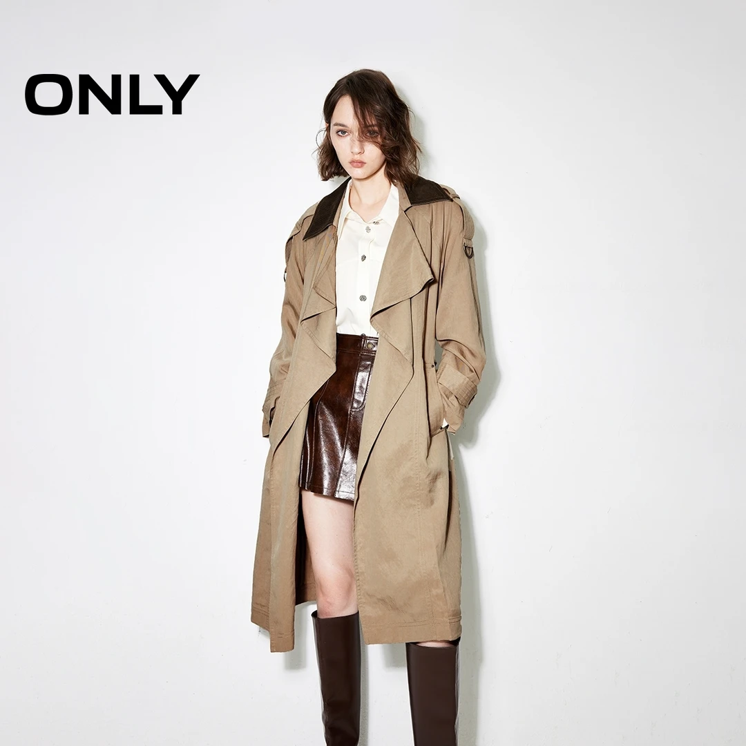 ONLY秋冬翻领落肩系带风衣外套女通勤酷飒风琥珀流光风|124336024