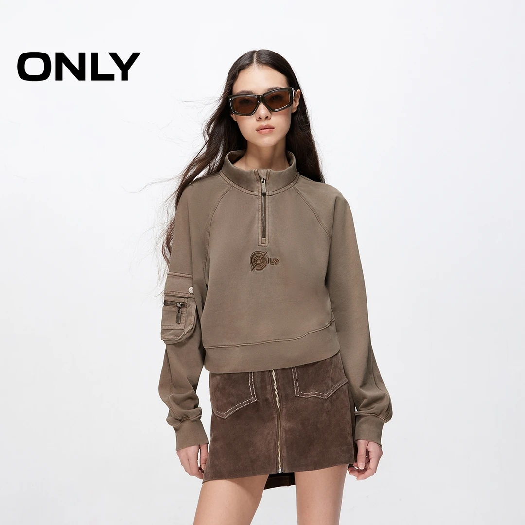 ONLY秋冬百搭纯棉立领LOGO短款插肩卫衣女琥珀流光风|12439R025