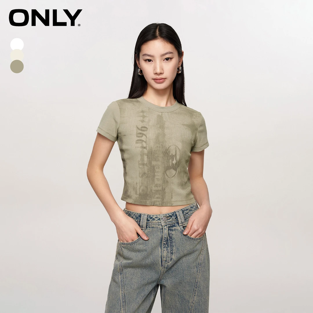 ONLY夏季复古印花螺纹修身短袖T恤休闲纯欲慵懒风女装|124101080