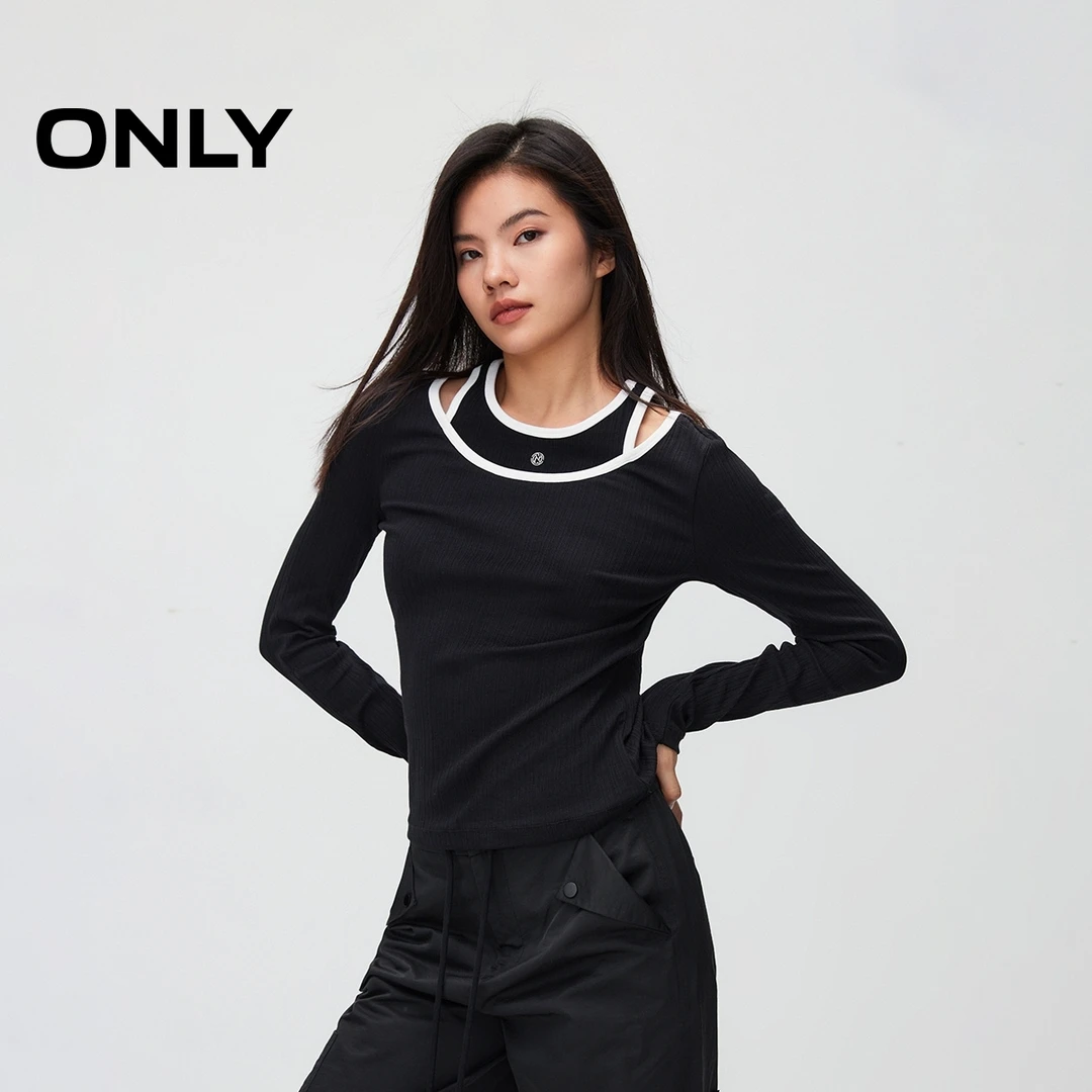 ONLY秋季简约"假两件"修身圆领针织衫女老钱风松弛感|124302013