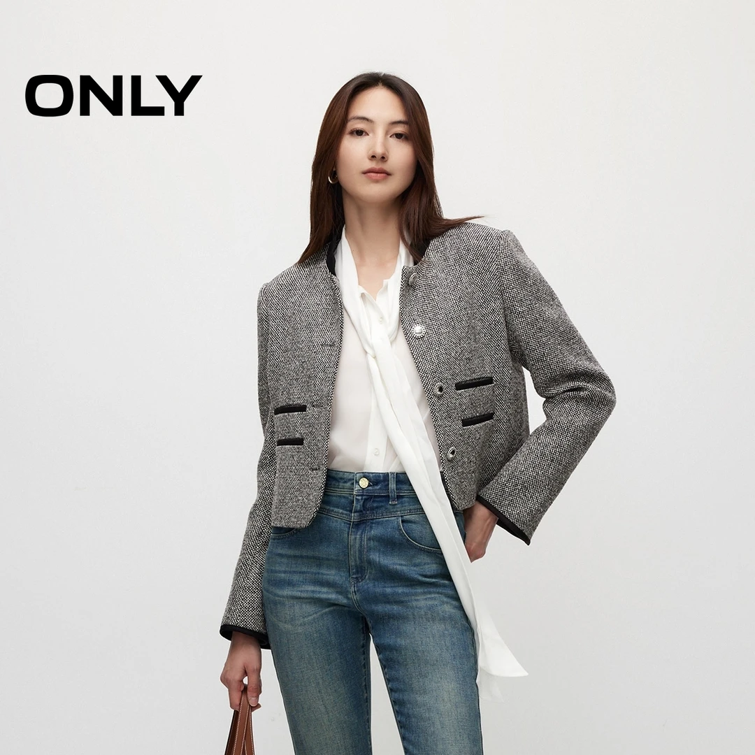 ONLY秋季撞色编织立领短款外套女装酷飒风女装高级感|124308002