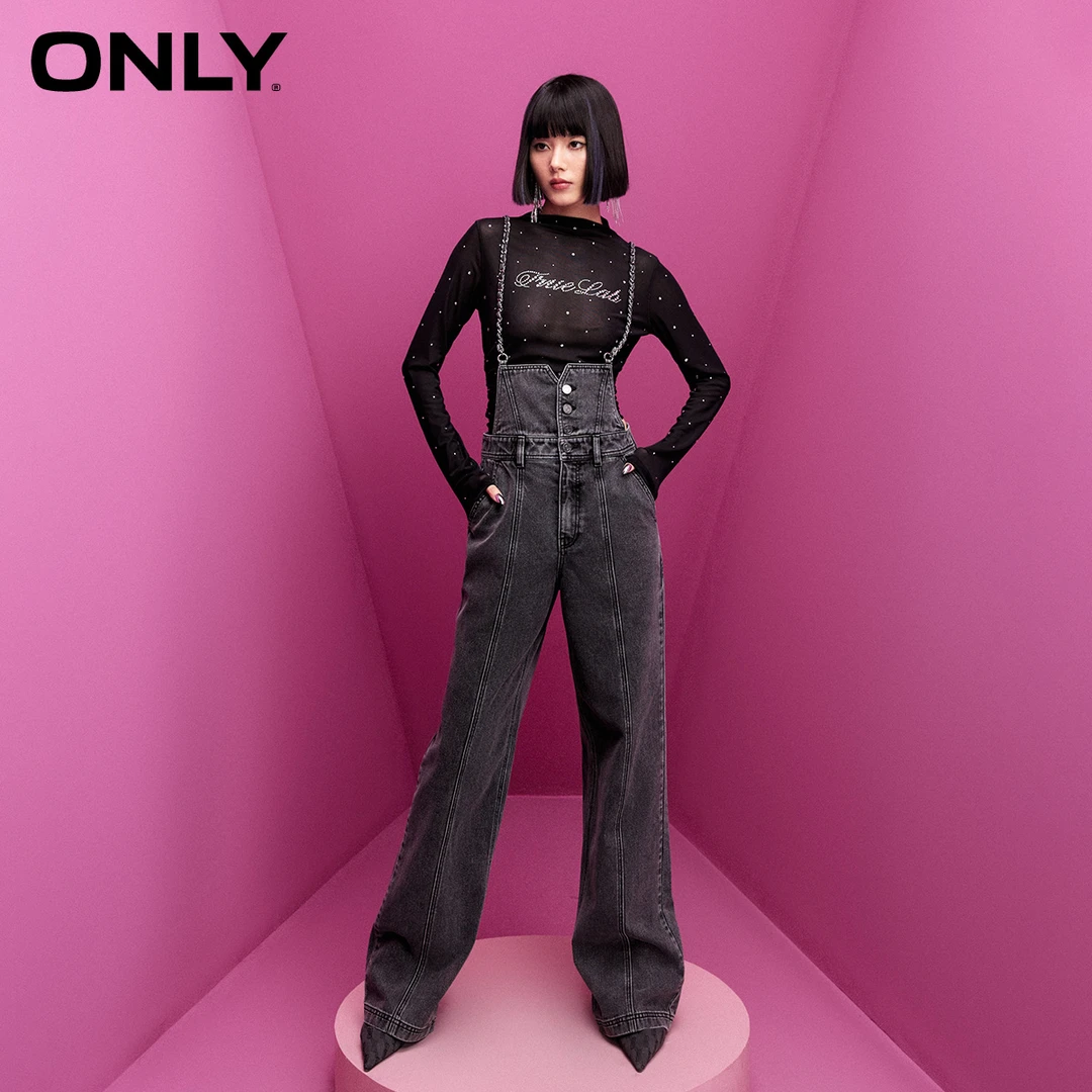 ONLY秋季“可拆卸高腰背带”直筒牛仔裤女休闲百搭裤子|12417M001