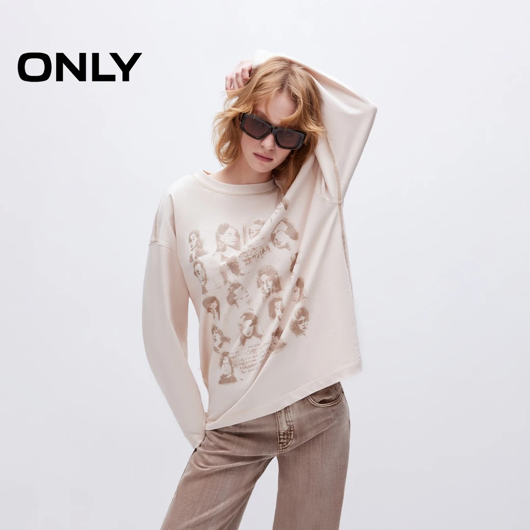 ONLY秋季复古水洗宽松落肩圆领卫衣女酷飒风女装高级感|12519S014