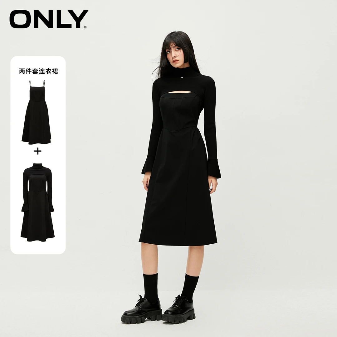 ONLY秋季时尚小高领黑色针织裙中长款修身针织裙套装女|123407003