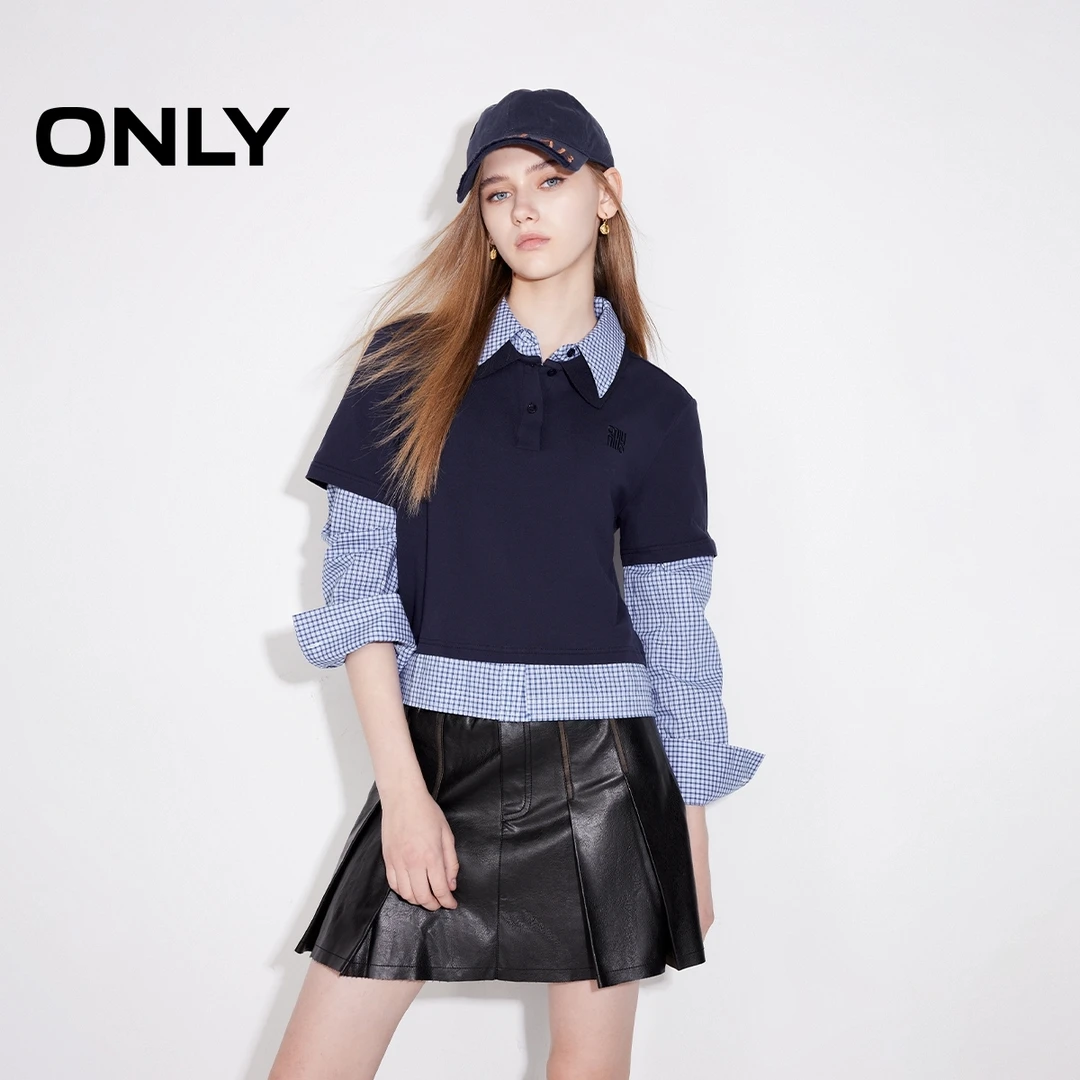 ONLY冬季学院风”假两件“格纹拼接衬衫蕾丝衫女老钱风|125151001