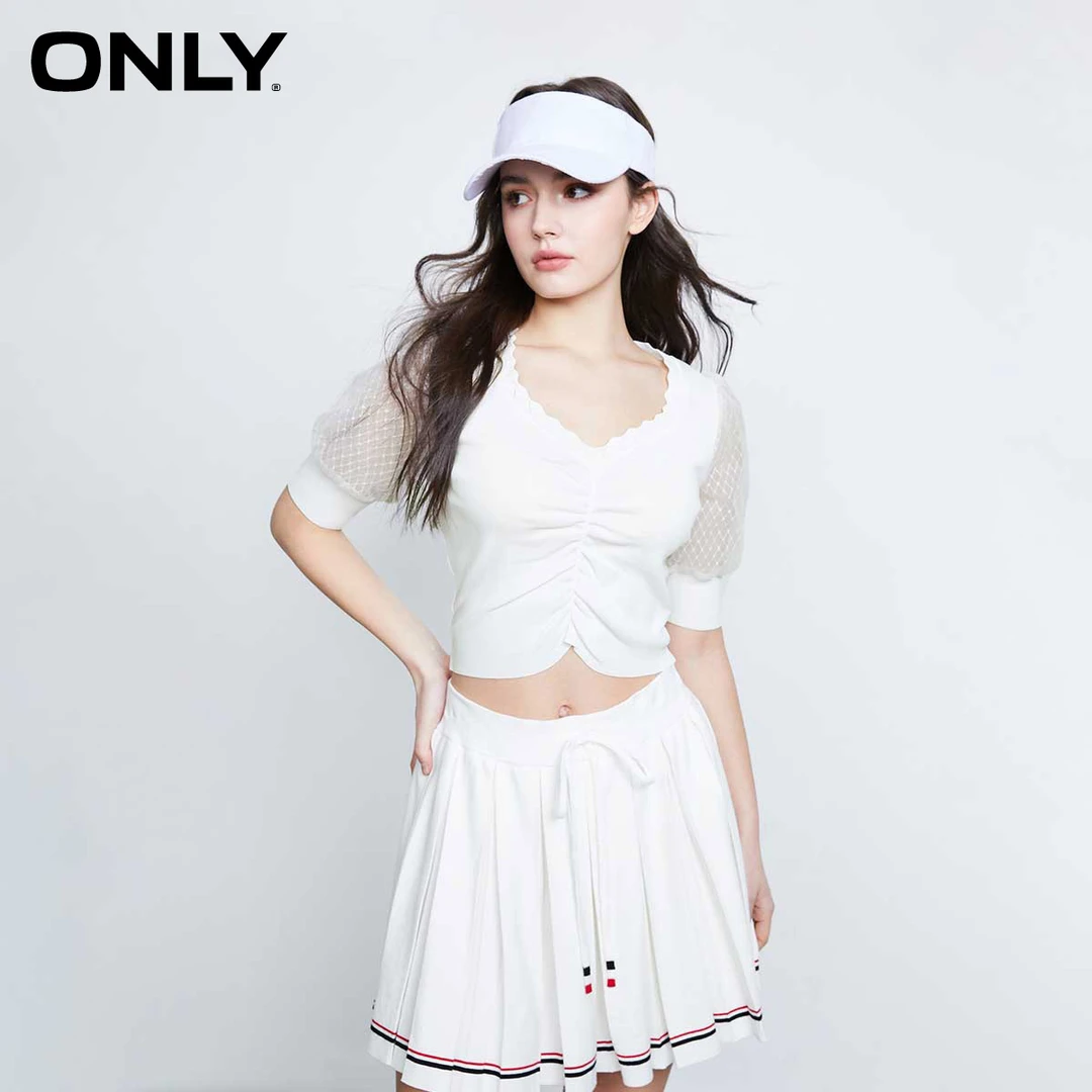 ONLY秋季新款显瘦减龄V领修身捏褶泡泡袖短款针织衫女|123124075