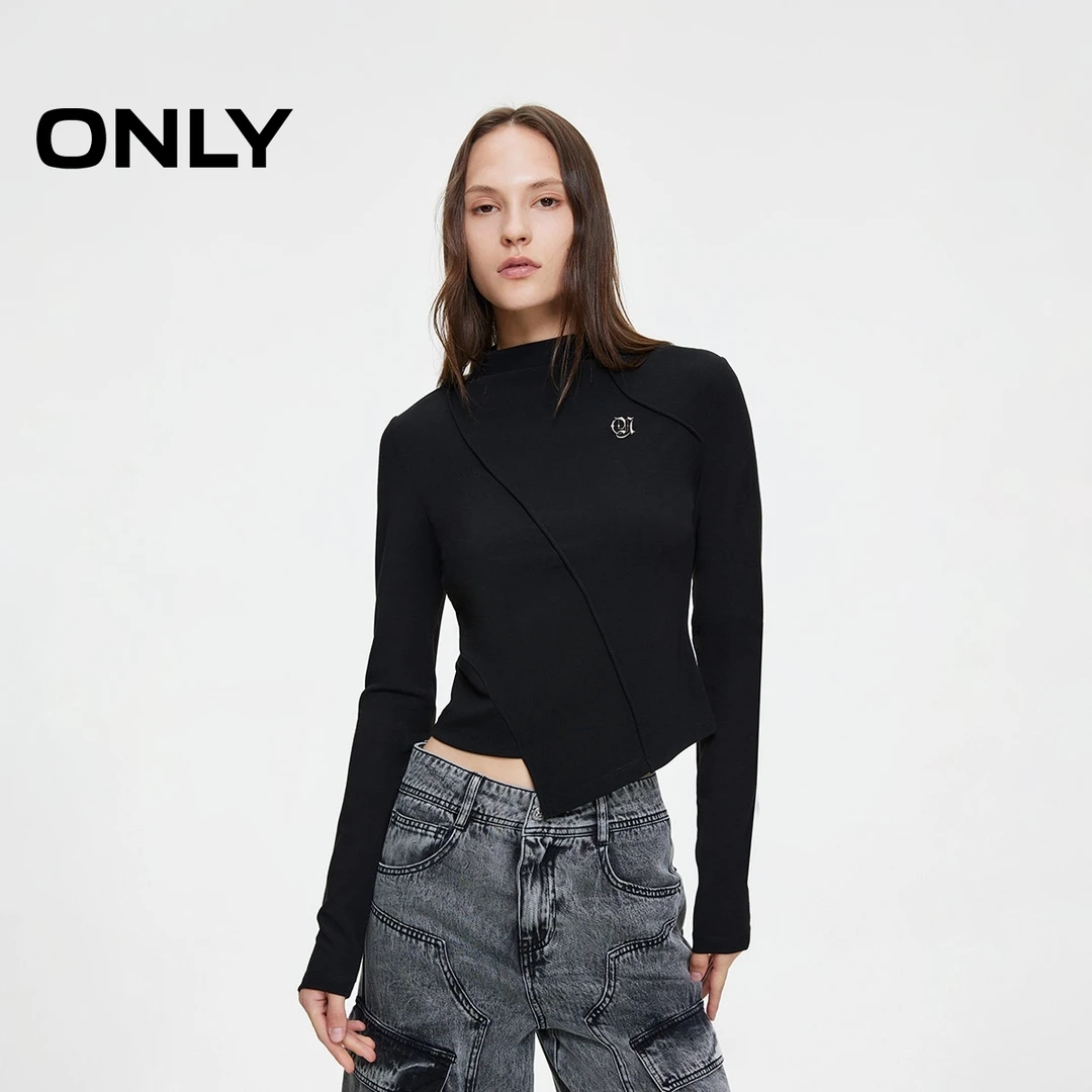 ONLY冬季修身正肩拼接半高领T恤女酷飒风女装高级感|124302020