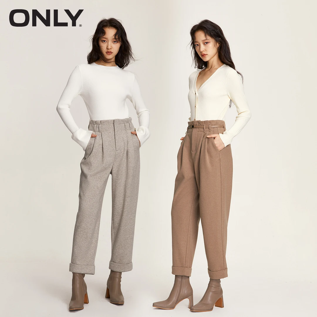 ONLY秋冬显瘦高腰加厚毛呢九分裤女通勤气质休闲百搭|124414025