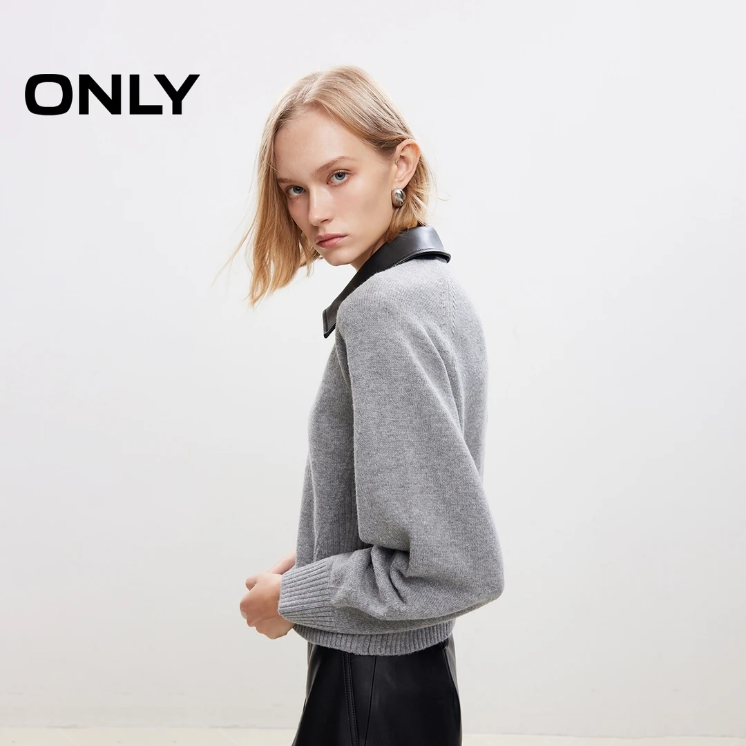 ONLY秋季百搭拼接领开衫长袖针织衫女休闲暖系流光风|12443B016
