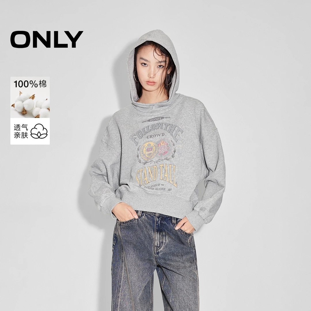 ONLY秋季街头风宽松印花纯棉连帽卫衣女老钱风松弛感|12519R006
