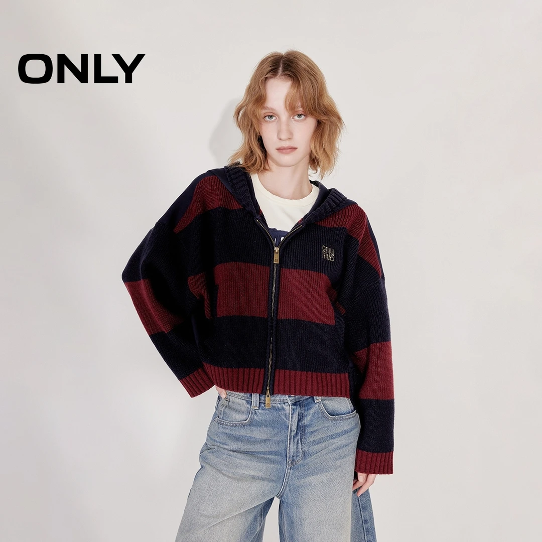 ONLY秋季拼接宽松连帽开衫针织衫女老钱风松弛感女装|12513B006