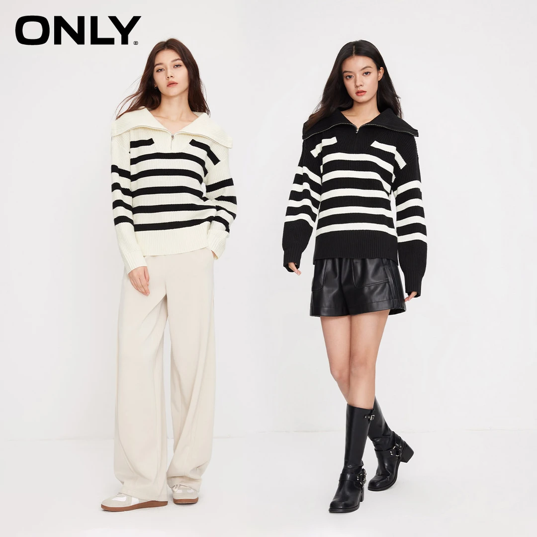 ONLY秋季新款时尚通勤风宽松条纹长袖翻领针织衫女|123324023