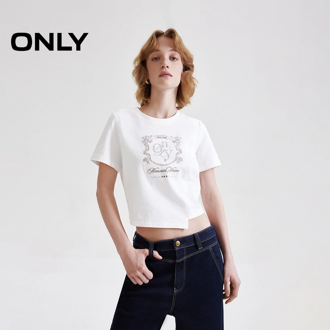 ONLY2025春游出行美式甜酷印花不对称圆领短款T恤女|125101052