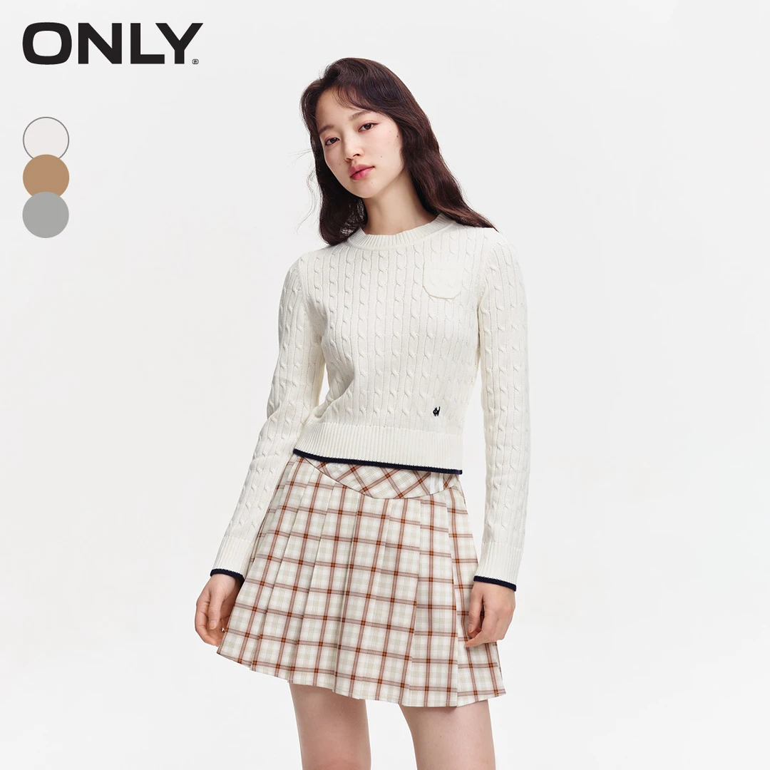 ONLY秋季新款百搭绞花短款套头长袖圆领针织衫打底女装|123124004
